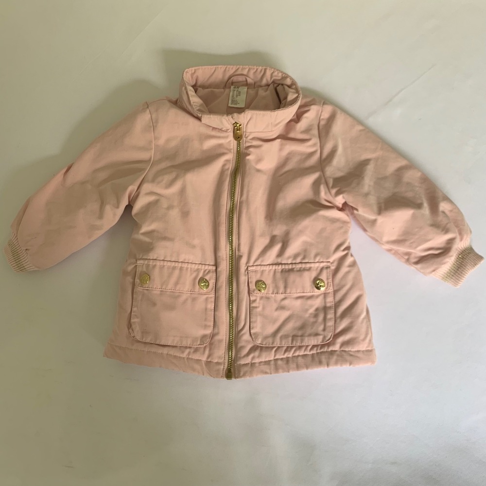 H&M Jacket Coat Baby Girls 9-12M Pink Mushroom Snaps Gold Full Zip Winter Preppy